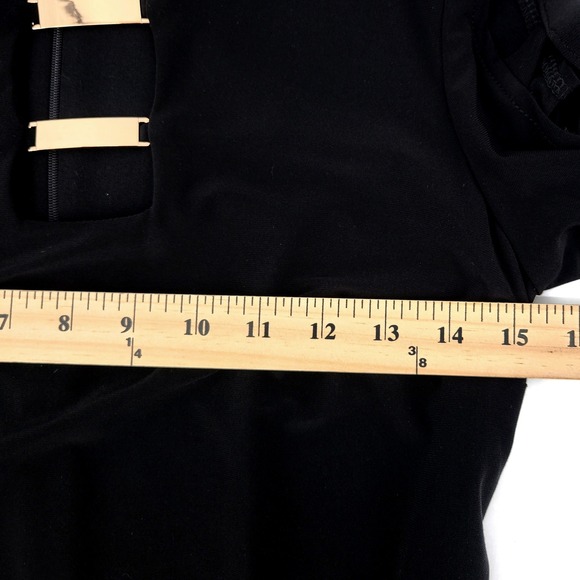 Joseph Ribkoff Black Cutout Sleeve Sheath Dress Size 4 Bar Detail Lined Zip - Picture 5 of 11